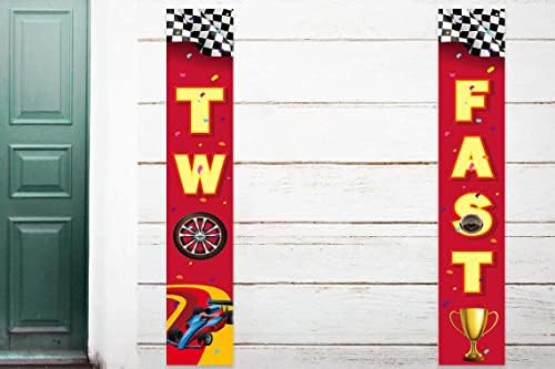 Dva brza 2 trkačka karta sretni 2. rođendan pozadina pozadina trkačke automobile Provjera zastava Sportska tema Dekor za vrata trijem
