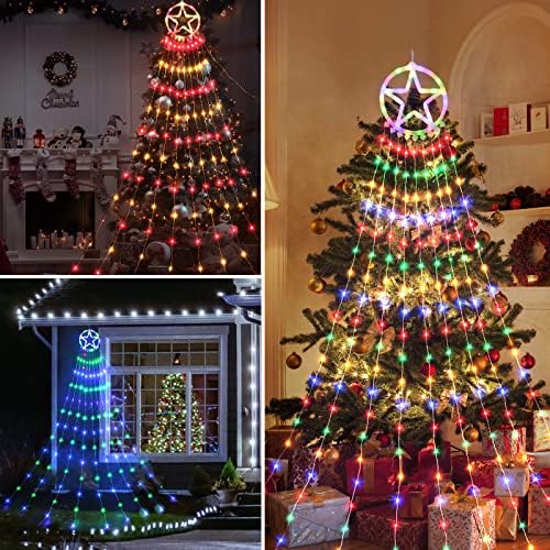 Vanjski božićni ukrasi Svjetla drveća s daljinskim, 10,4ft 324LED Svjetla za vodopad 8 modusa i timer božićna gudačka svjetla s gornjim