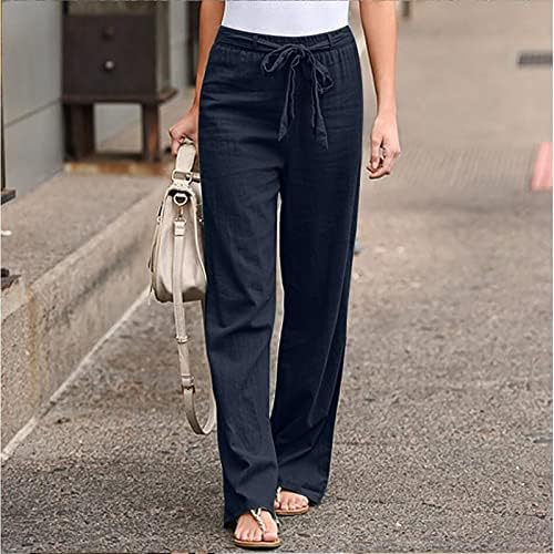 Ženske lanene hlače Summer Casual High Rise konusne pamučne hlače Elastični salon struka trkača s džepovima s džepovima