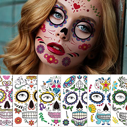 Zizeo Halloween Skull Privremeno naljepnice za tetoviranje lica, Dan mrtvih šećernih lubanja tetovaža za make za djecu odrasle osobe,