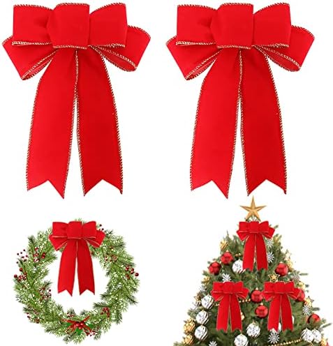 Dahenop 2 pakiranje crvenih lukova ukrasi za božićno drvce, božićno drvce, pramčani luk, crveni baršun s blistavim zlatnim rubom za