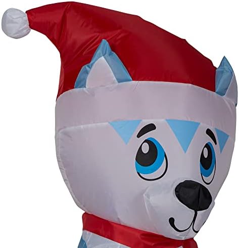 Slatki husky pas u Djedu sa šeširom 3,5ft božićno dvorište napuhavanje, bijelo, plavo