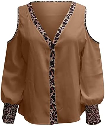 Leopard print patchwork pulover vrhovi 2023 Žene dugi rukavi hladno rame V gumb za vrat košulja casual labava tunična bluza