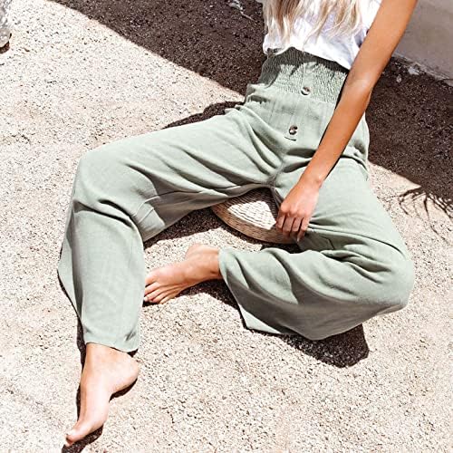 Ženski ljetni gumb pamučne trenirke s džepovima lanene elastične hlače s širokim nogama hlača