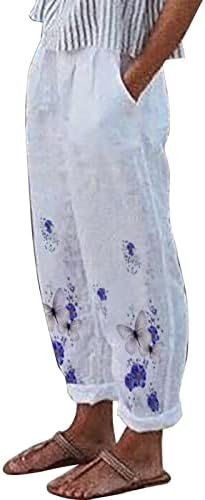 ZDFER pamučne lanene hlače labave ležerne izravne trenirke s visokim strukom Ženski cvjetni tisak duge hlače s džepom