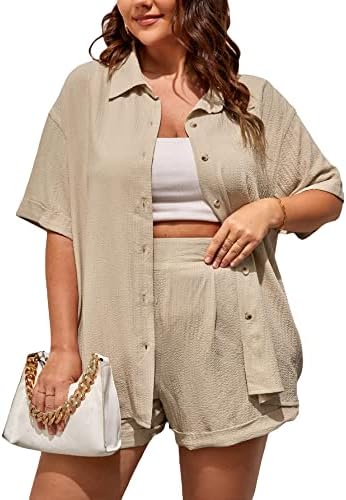 Oyoangle ženska plus veličina Y2K Lounge Trackessuit 2 komada Outfit Linen Ljetni gumb dolje i kratke hlače SweatSuit Street Ruy