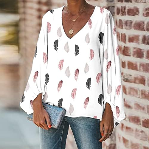 Overmal Print majice za žene tiskaju gornji lampanjskog lampiona rukava s dugim rukavima v vrat elegantna labava bluza casual