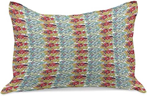 Ambasonne cvjetni pleteni prekrivač jastuka, cvjetna tema šareni cvjetovi i lišće aranžman vrtna umjetnost, standardni poklopac jastuka
