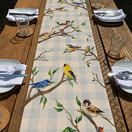 Seliem Spring Birds stabla grana stol trkač, Buffalo Plaid Provjerite plavo ptice Robin Goldfinch Chickadee Kućna kuhinja Dekor blagovaonice,