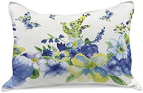Ambasonne žuti i plavi pleteni prekrivač jastuka, proljetni cvjetni akvarel cvjetajući živopisni cvjetovi, standardni poklopac jastuka