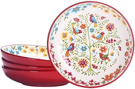 Bico crvene proljetne ptice keramika 35oz zdjele za večeru, set od 4, za tjesteninu, salatu, žitarice, juha i mikrovalna i perilica