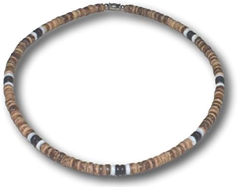 Izvorno blago-smeđa tigrasta Kokosova Perla, 2 crne i 2 bijele školjke, ogrlica surfera