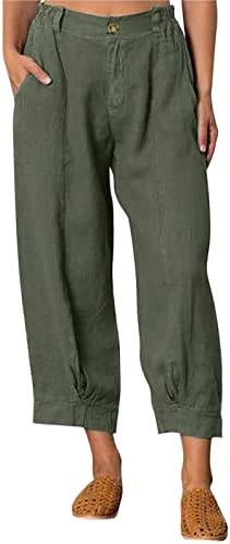 Pamučne lanene hlače za žene, odjevena ležerna ravna noga labava fit capri dužina ravna prednja prednja obrezana hlača s džepovima
