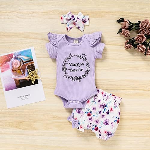 Odjeća za novorođenčad Mama's Bestie Pismo rebra ROMPER+Cvjetne kratke hlače+traka za glavu 3pcs Outfits Set