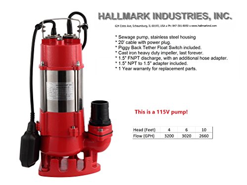 Hallmark Industries MA0387X-6 Kanalizacijska pumpa, nehrđajući čelik, 1/2HP, 115V, s plutajućim prekidačem, 3200 GPH/26 'Lift, 20'